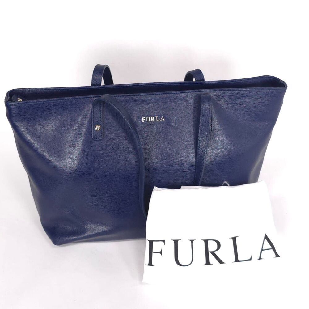 FURLA Saffiano GENUINE LEATHER Tote Bag ITALY MADE Navy Blue Gold Tone Metal